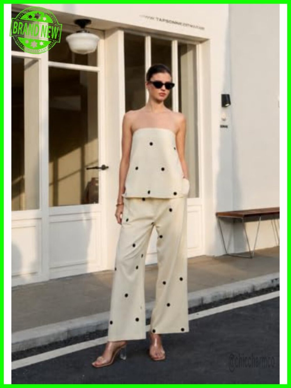 Polka Dot Strapless Tube Top Wide Leg Pants Lounge Set 2 Piece - Picture 3 of 6